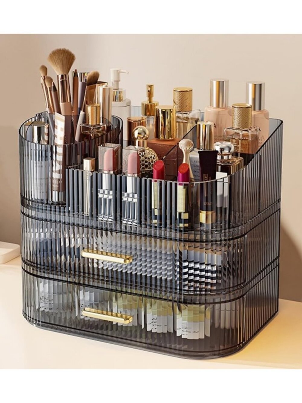 Spacious Makeup Organizer with Drawers & 360° Rotating Brush Holder - Stylish